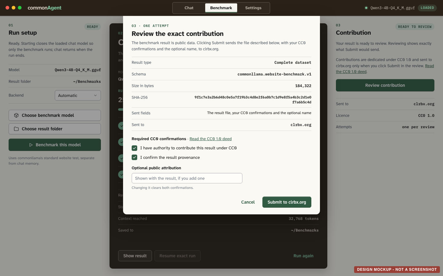 the contribution review, listing the result file, checksum, destination and CC0 confirmations before Submit.