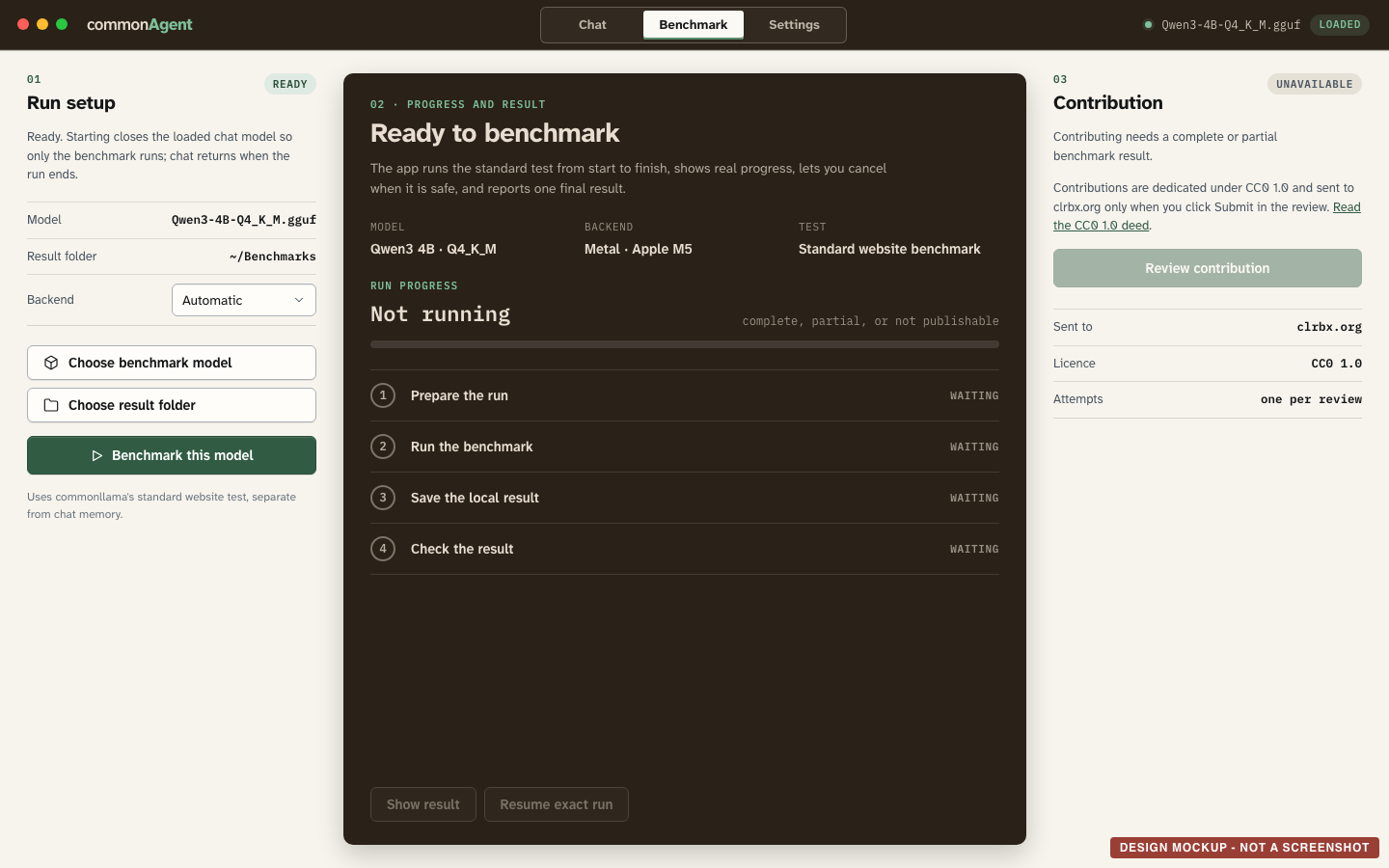 the Benchmark tab, with model, result folder and backend choices beside run progress.