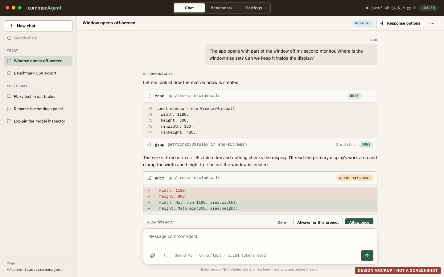 commonAgent reading a file, searching code and proposing an edit with permission choices.