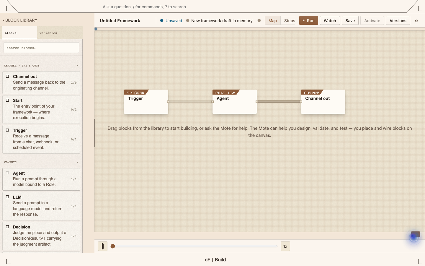 commonFrame Build canvas with Trigger, Agent, and Channel out blocks connected